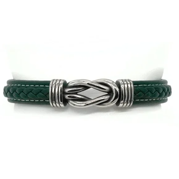 Men's green leather bracelet love knot magnetic clasp. - Picture 2 of 2